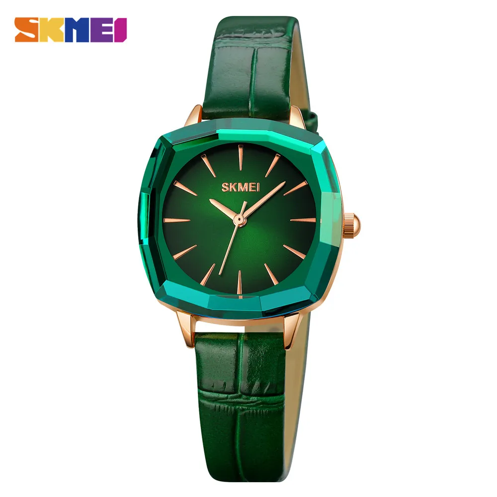 SKMEI Women's Watches Famous Luxury Brand Diamond-Shaped Glass And Leather Strap Green Ladies Dress Wrist Watches 1795