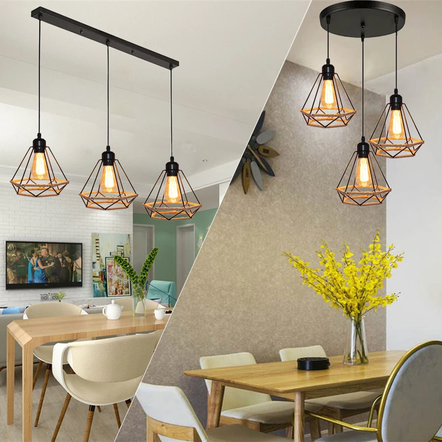 

Industrial Vintage Cage Pendant Lights Hemp Rope Metal Wire Iron Hanging Lamp Ceiling Chandelier Restaurant Bar Home Lighting