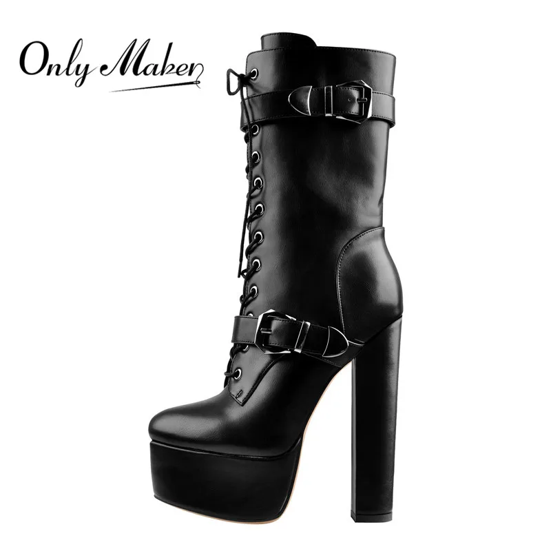 

Onlymaker Women Black Matte Platform Ankle Zip Booties Round Heels Boots Fashion Heeled Metal Plates Buckle Boots