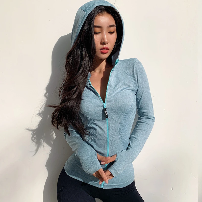 Women Sport Hoodies Zipper Running Jacket Quick Dry Yoga Coat Clothes Long Sleeve Sportwear Slim Gym Workout Fitness Hooded Tops