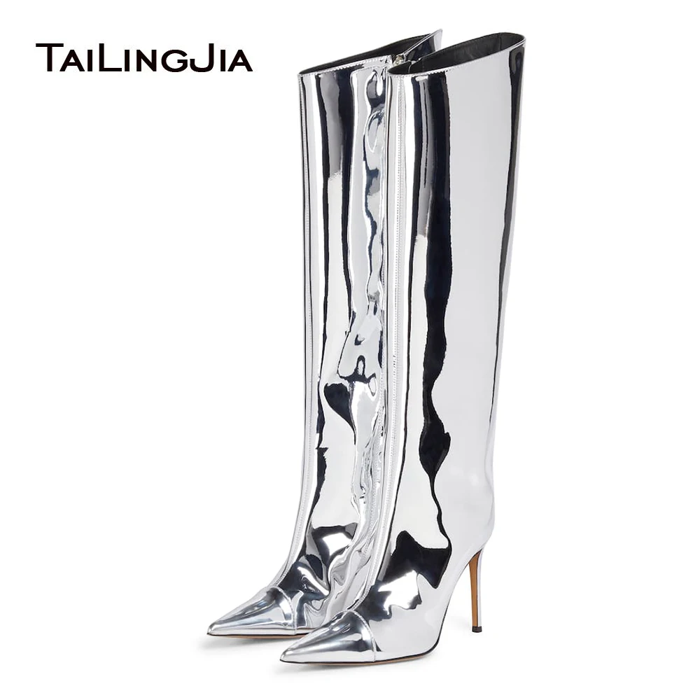 

Winter High Heel Gold Knee High Boots Shoes For Women 2021 Fashion Pointed Toe Silver Tall Long Boot Ladies Footwear Large Size