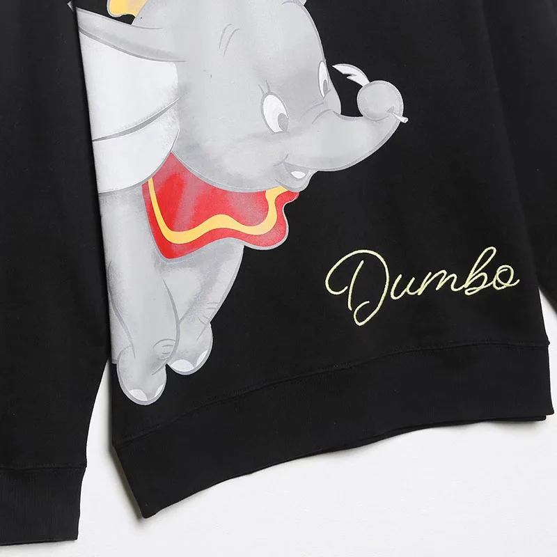 Disney Sweatshirt Women Cartoon Dumbo Elephant Timothy Q Mouse Print O Neck Pullover Harajuku Vintage Female Casual Tops Black