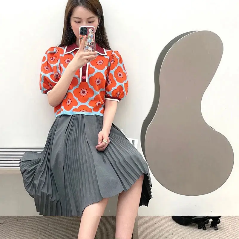 T-shirts Women Orange Turn Down Collar Sweet Summer Floral Vintage Stylish Harajuku Street Style Knitted Basic Casual Soft Femme