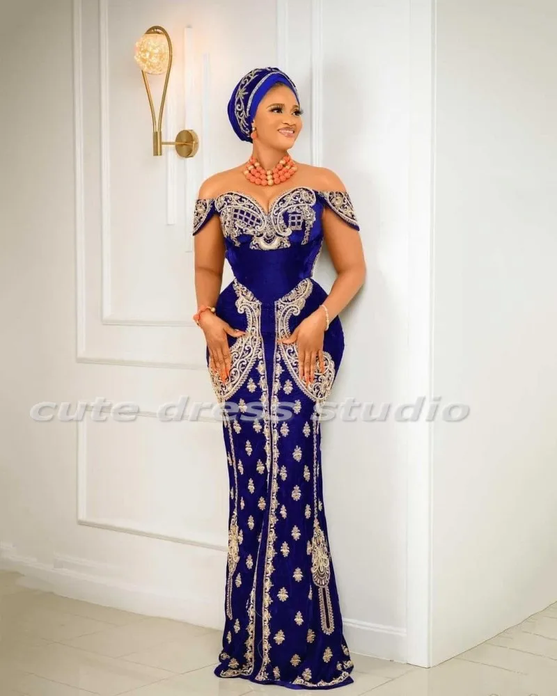 Formal African Blue Evening Dresses Long Customized Lace Applique Aso Ebi Mermiad Prom Gowns For Women Wedding Party Dress