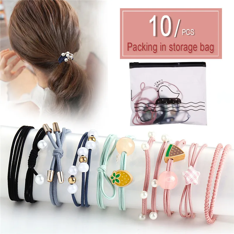 10PCS/SET Trendy Bow Pearl Elastic Hairbands For Women Girls Avocado Lace Hair Band Knot Headbands Set Fashion Hair Accessories