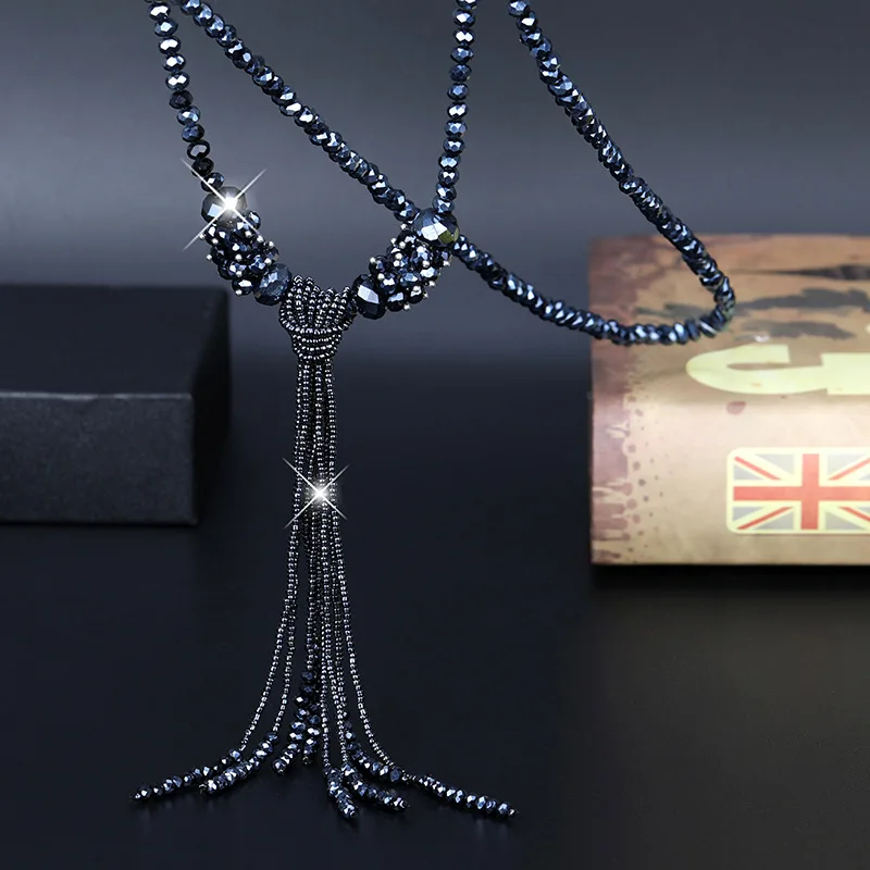 New Women Graceful Crystal Beads Strand Necklace Fashion Joker Long Tassel Sweater Chain Kpop Big Name Jewelry