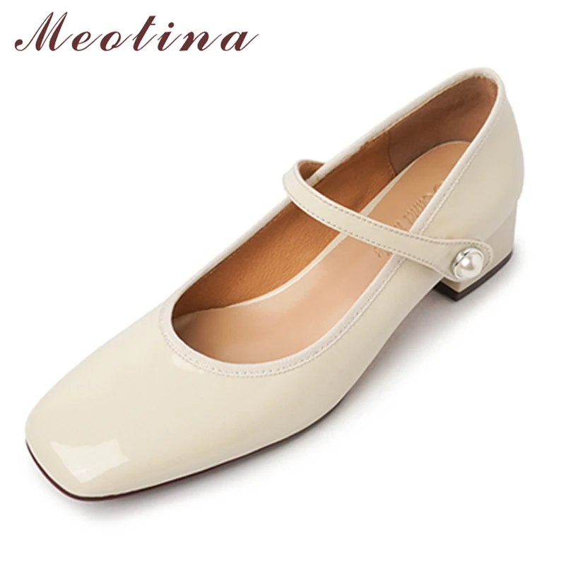 

Meotina Genuine Leather Women Mary Janes Shoes Thick Heels Pumps Square Toe Med Heel Ladies Footwear White Red 2022 Spring