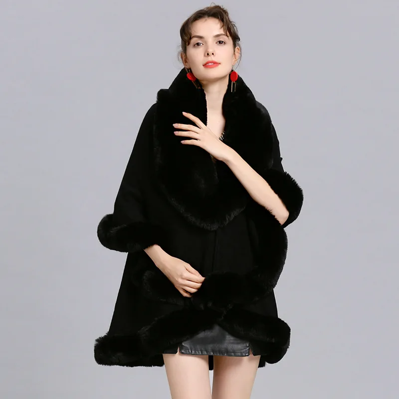 Double Layer Luxury Faux Rabbit Fur Coat Cape Winter Women V Lapel Knit Acrylic Cloak Overcoat Long Thick Cardigan