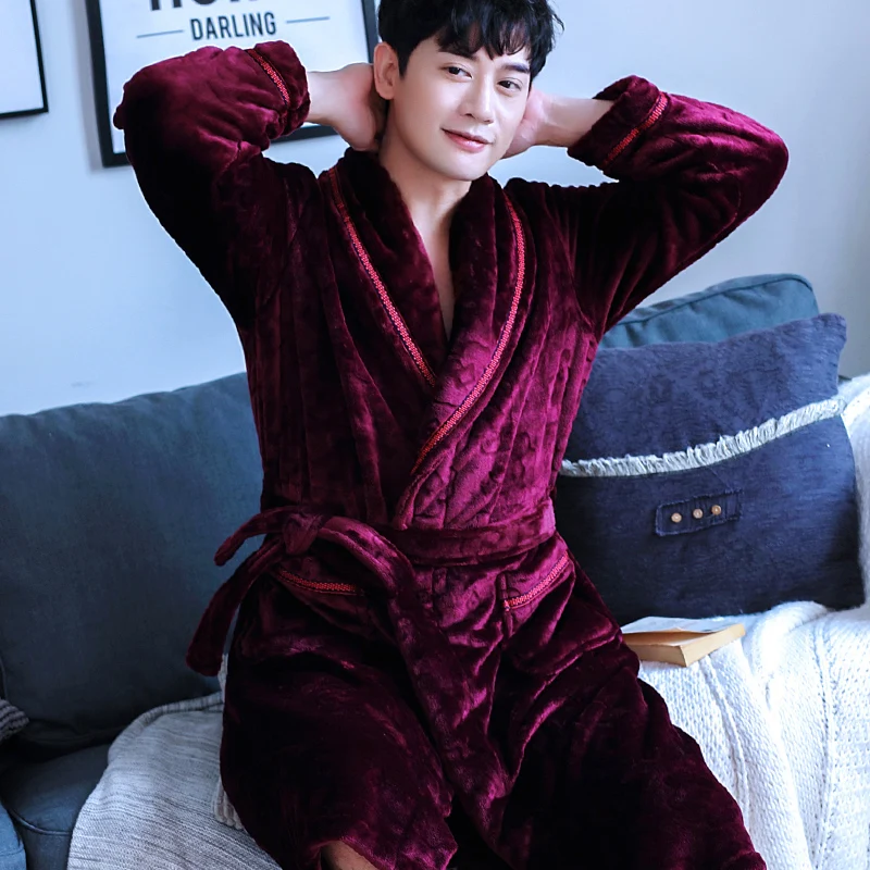 H5957 Men Robes Male Thickened Coral Velvet Autumn Winter Flannel Bathrobe Large Size Long Sleeve Household Clothes Nightwear