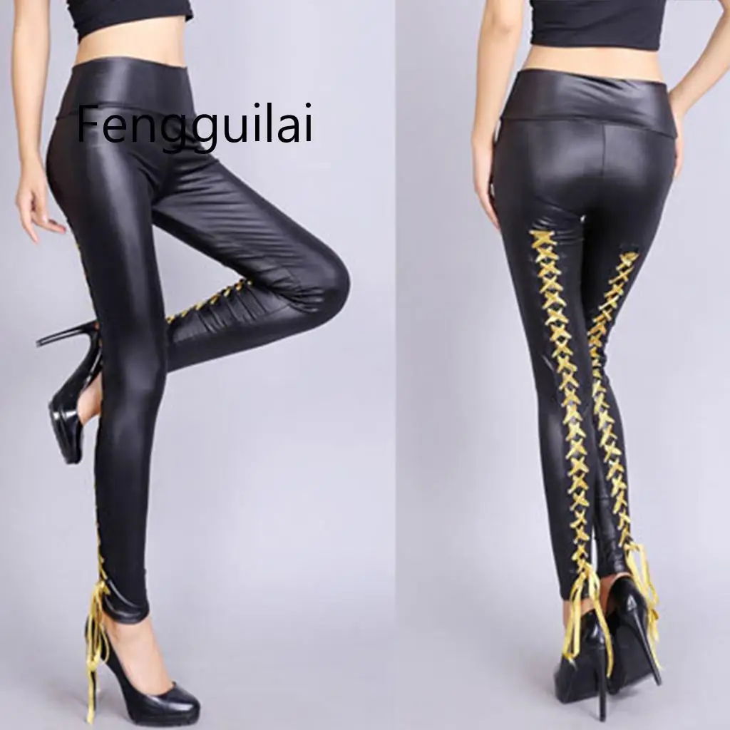 Ladies Sexy Matte Faux Leather  High Waist Pants Back With Tight Leather Pants Club Style Trend Streetwear Harajuku