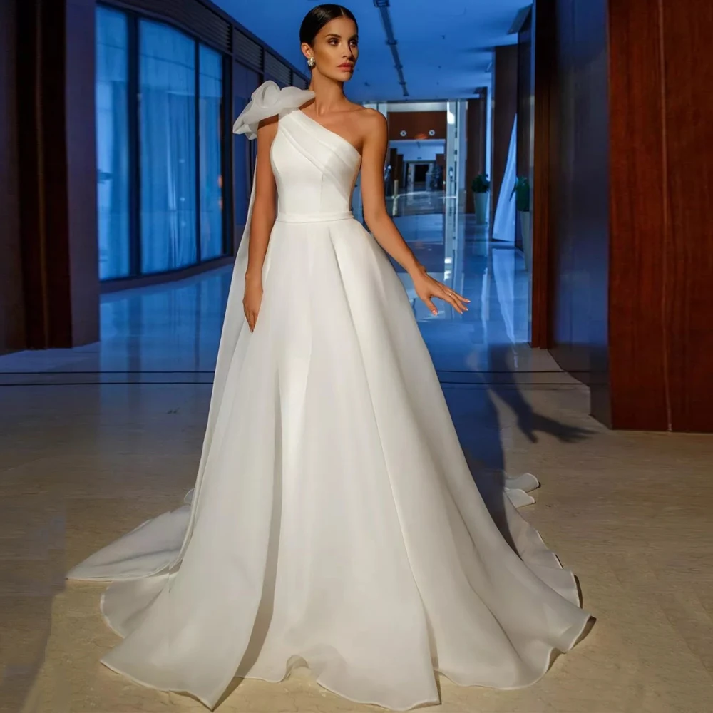 Gorgeous A Line Organza Wedding Dress 2021 One Shoulder Big Bow Ruched Long Train Custom Bridal Dresses Plus Size