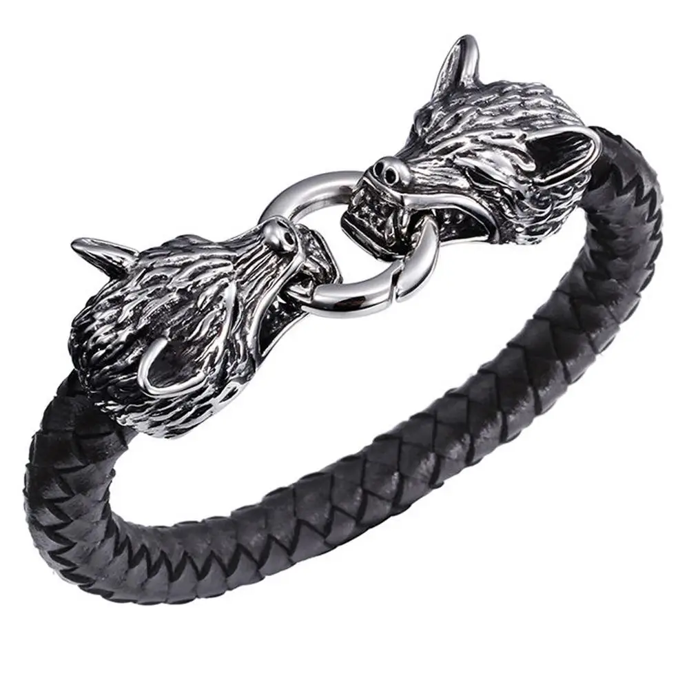 Men Bracelet Stainless Steel Wolf Head Clasp Genuine Leather Braided Wristband Bracelet 22cm