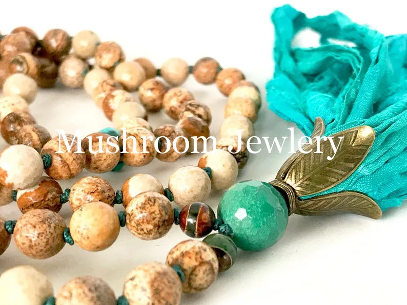 Hand Knot Bohemian Jewlery Pictuer Jasper Jewelry Beads Stone Necklace Women Sari Silk Tassel Necklace