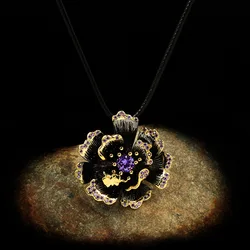 925 Silver Retro Sunflower Brooch High-grade Flower Zircon Personality Exaggerated Black Gold Two-tone Necklace Jewelry Gift