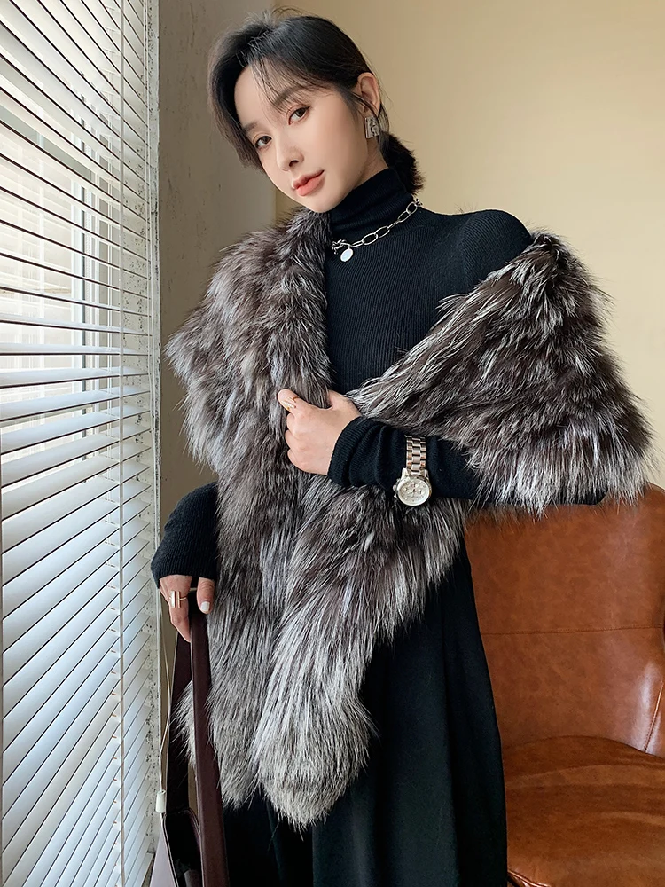 

Women Genuine Silver Fox Fur Poncho Handmade Knitted Real Fur Cape Winter Female Shawl with fur