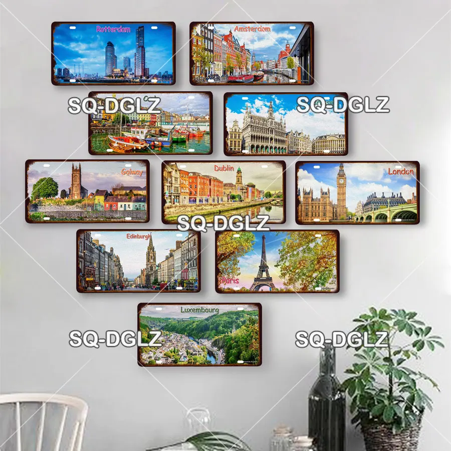 [SQ-DGLZ] Europe City 15x30cm Plate Metal Sign Vintage Plaque Tin Sign Wall Decor For Bar Country Painting Travel Poster