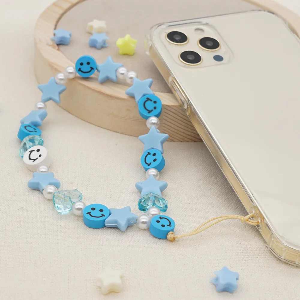 Blue star phone Chain Lanyard Strap Cord for Mobile Phone Smile Beads Heart Anti-lost Chain Women Cellphone Accessories цепочка