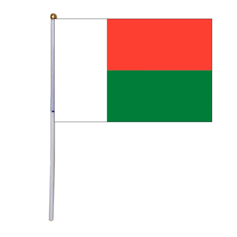 

free shipping xvggdg 100pcs 14 * 21cm National Flag Madagascar hand flags with plastic flagpole Polyester Printing flag