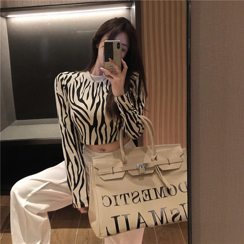 Tonngirls Streetwear Zebra Crop Tops Sweater Women Sexy Long Sleeve O Neck Autumn Pullover Ladies Jumpers Slim Y2k Knit Tops