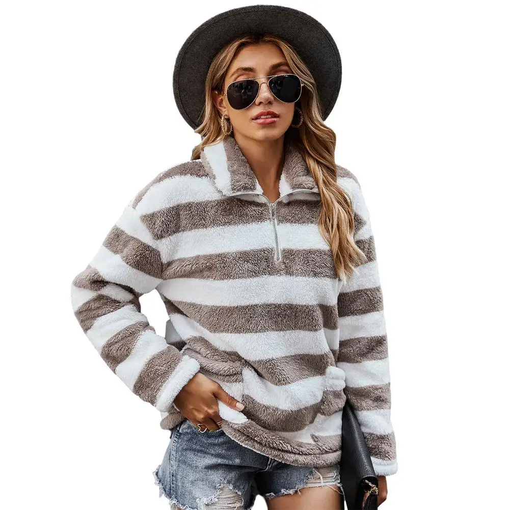 

Womens Long Sleeve 1/4 Zip Lapel Sweatshirt Warm Hoodie Long Sleeve 1/4 Zip Lapel Sweatshirt Warm Check Stripe Fluffy