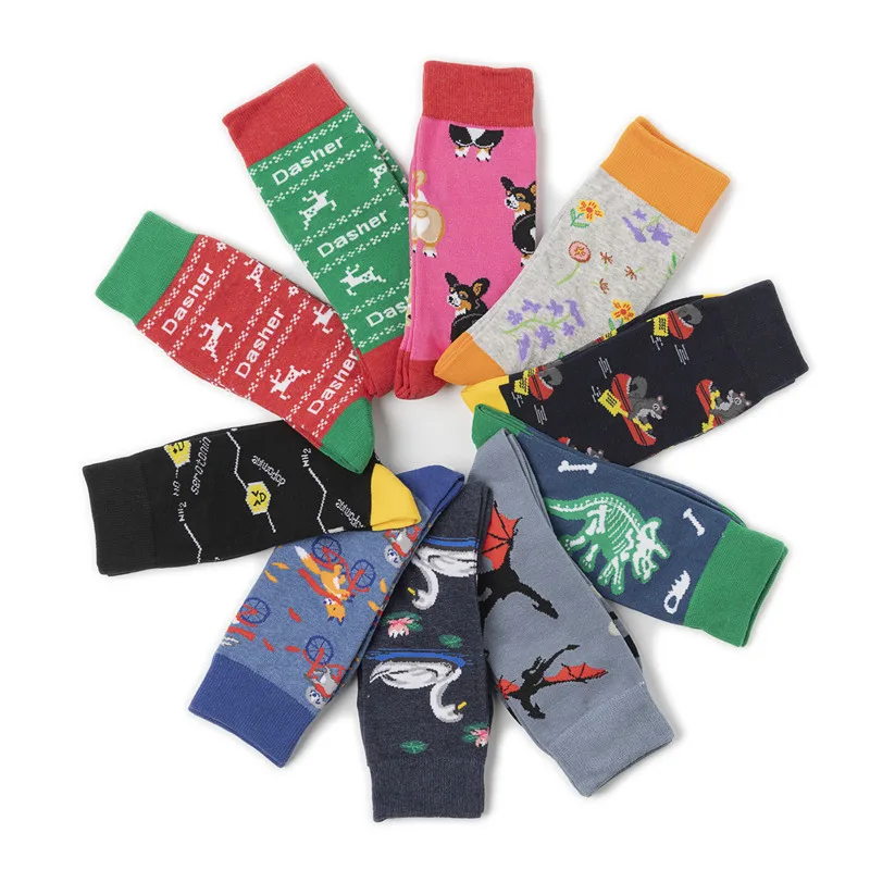 2022 New Hiphop Cotton Men Socks Harajuku Happy Funny animal Dinosaur Fox dog Dress Socks for Male Wedding Christmas Gift