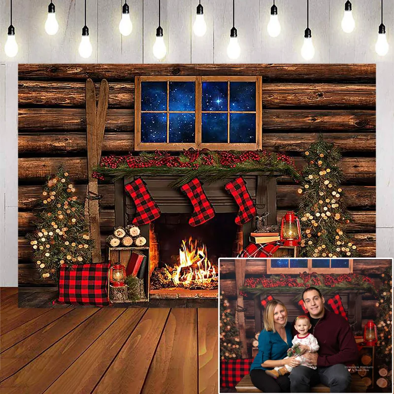 Christmas Photography Background Xmas Tree Window Gift Fireplace Wooden New Year Backdrop Party Decorative Props Banner Studio