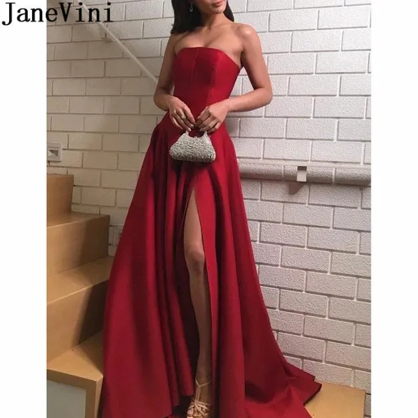 

JaneVini Burgundy Women Evening Dresses for Special Occasions 2020 Long Robe Satin Vintage Sexy High Slit Dinner Party Dress