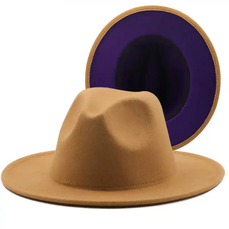 

tan New Outer Inner purple Wool Felt Jazz Fedora Hats with Thin Belt Buckle Men Women Wide Brim Panama Trilby Cap 56-58CM