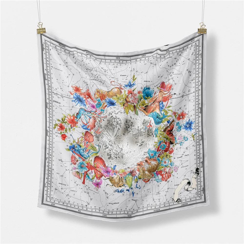 Twill Silk Scarf Woman Flowers Map Painting Square Scarves Wraps Bandana Small Hijab Silk Foulards Tie Headband Neckerchief 53CM