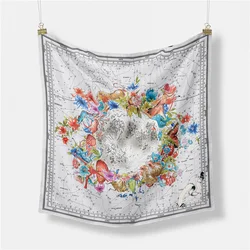 Twill Silk Scarf Woman Flowers Map Painting Square Scarves Wraps Bandana Small Hijab Silk Foulards Tie Headband Neckerchief 53CM