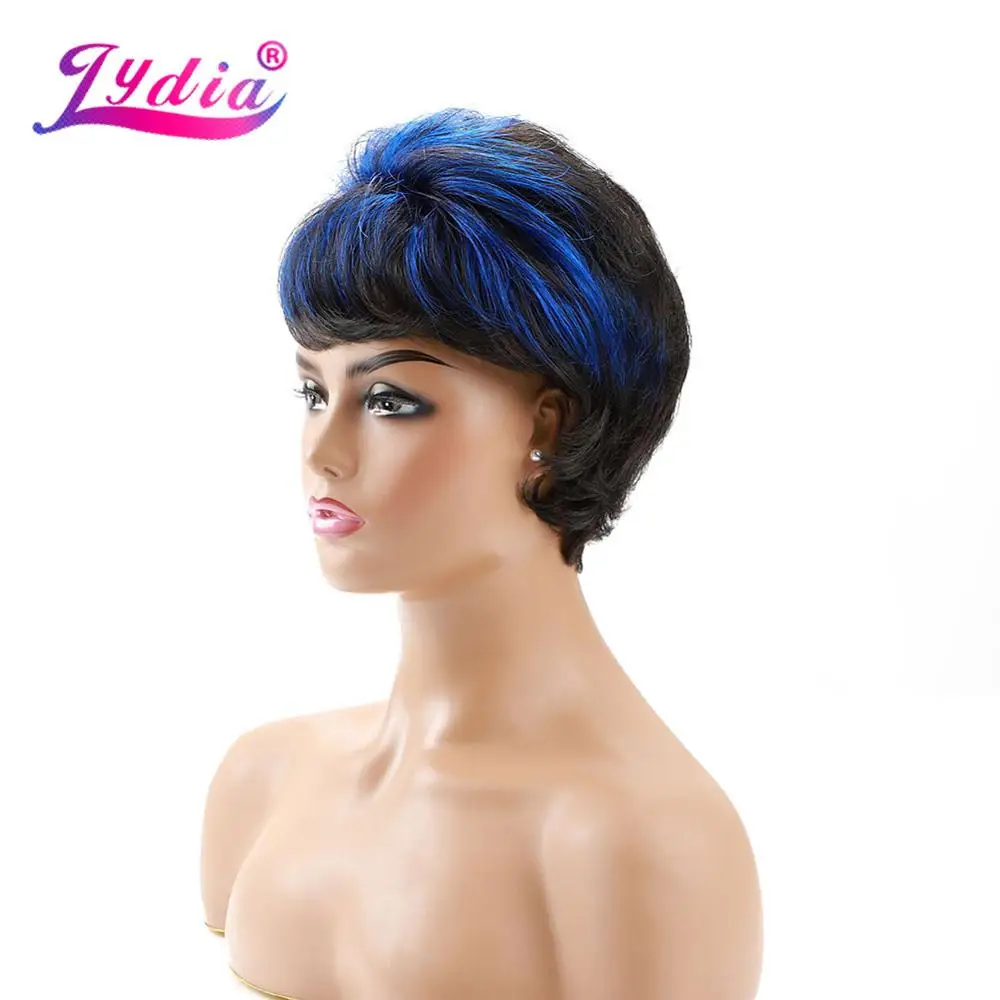 Lydia Synthetic Wigs Mix Color FT2/Blue Short  Wave For African American Wig Free Bang Kanekalon Heat Resistant Hair 4Inch