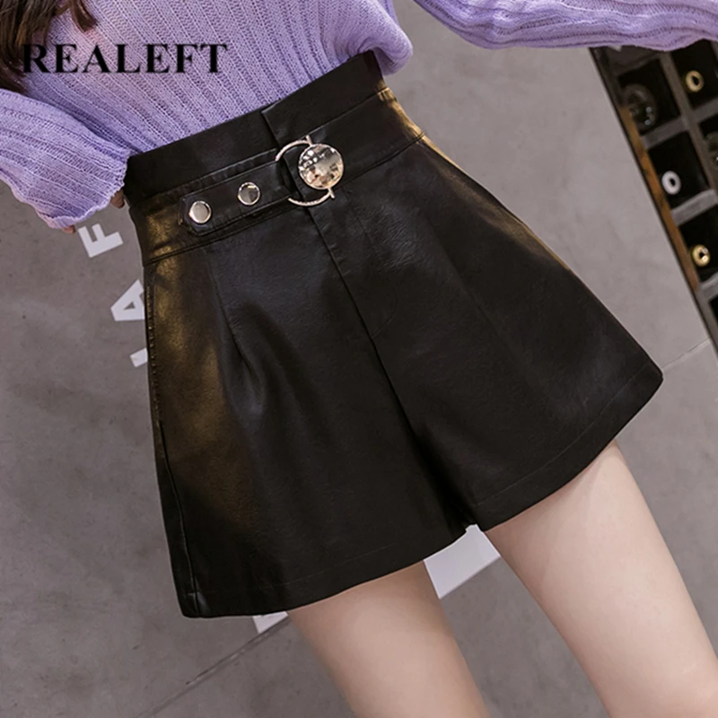 

REALEFT Vintage Faux PU Leather Women's Shorts Autumn Winter 2021 New Fashion High Waist Wide Leg Ladies Black Trousers Female