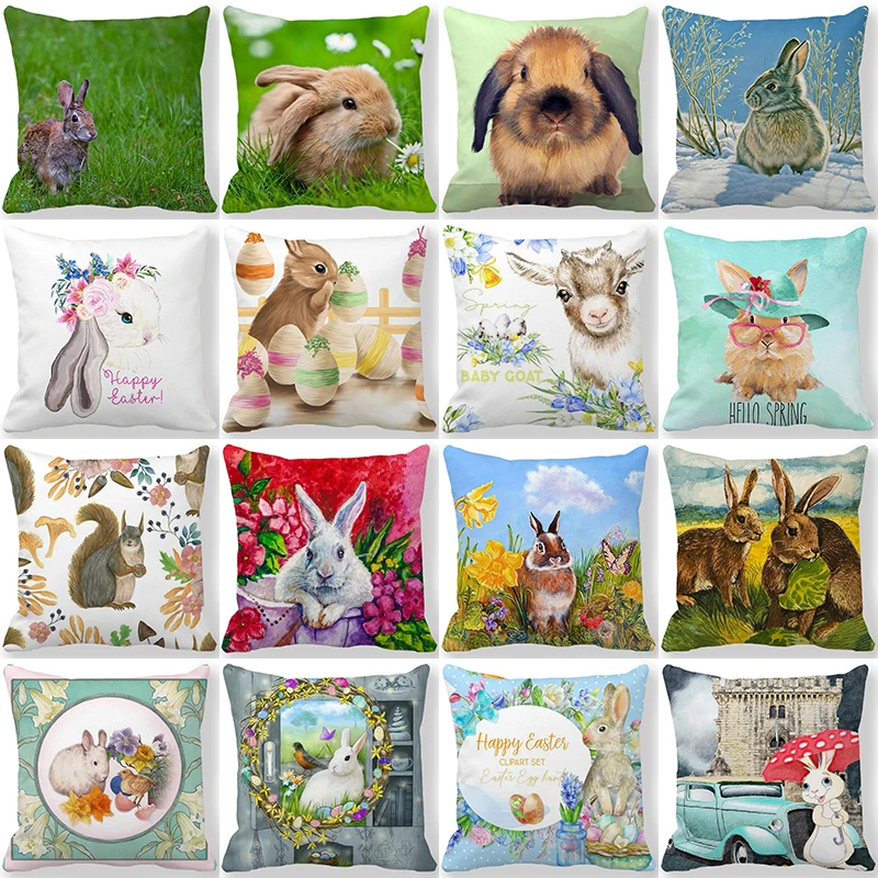 

Easter Bunny Printed Cushion Cover 18x18 Inches Pillowcase Springtime Easter Eggs Hare Pillow Covers Farmhouse Home Decorations