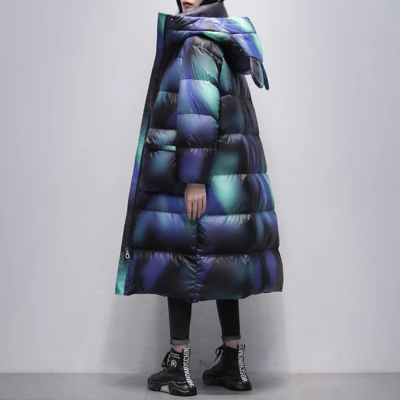 Gradient Color Women Hooded Long Down Coat 2024 Winter New Korea Loose White duck down Thick Snow Jacket Warm Outerwear Parkas
