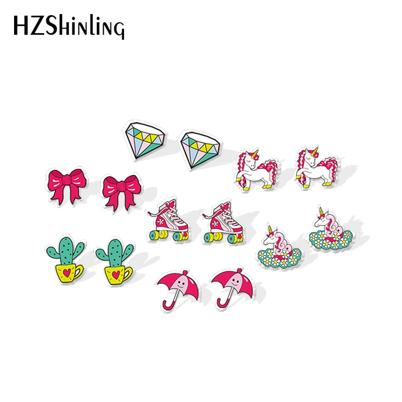 2020 New Pink Roller Skates Stud Earring Unicorn Cactus Acrylic Earrings Resin Epoxy Jewelry Earring