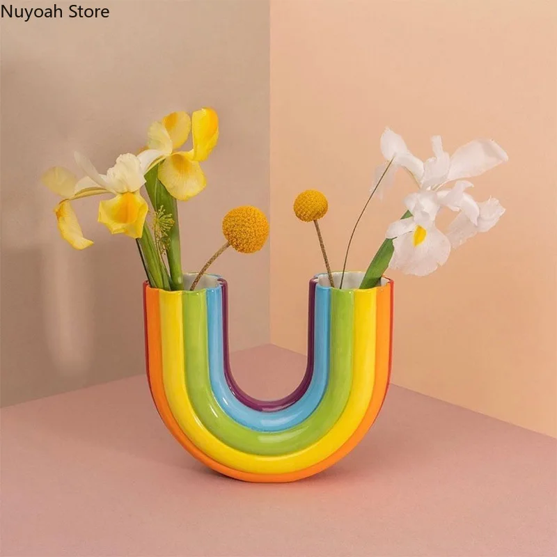 

Rainbow Ceramic Vase Art Flower Arrangement Accessories Nordic Style Living Room Decoration Home Decoration Exquisite Gift