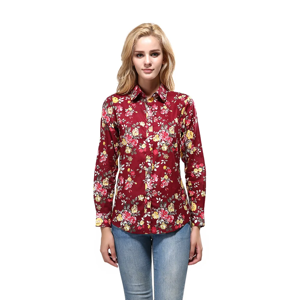 New Korean Style Flower Print Women\'s Shirts Cotton Long Sleeve Turn Down Collar Cardigan Shirt Casual Female Button Up Blouses