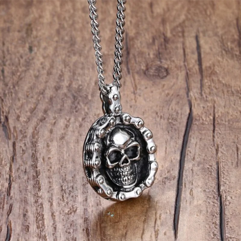 Skull Pendant Cool Heavy Skull Engine Stainless Steel Necklace For Man Punk Jewelry