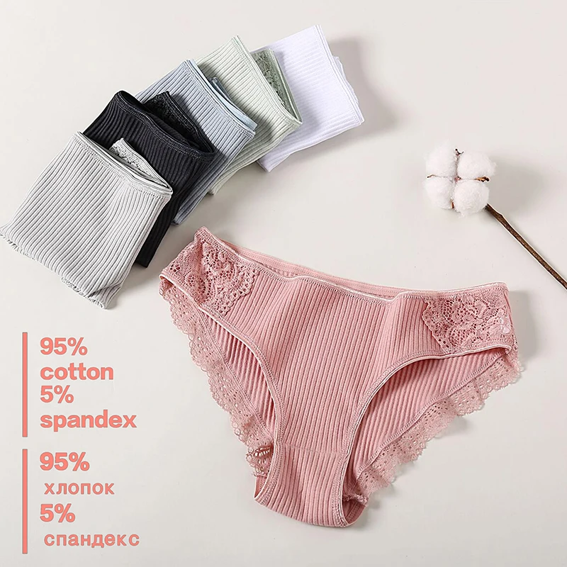 FINETOO 5PCS/Set Women Cotton Underwear Panties Floral Lace Soft Intimates Underpant For Woman Sexy Ladies M-XXL Lingerie Panty