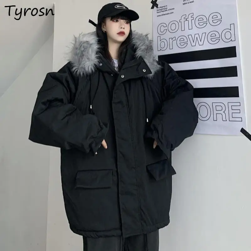 Kurze Stil Parkas Frauen Vintage Streetwear Schwarz Harajuku Pelz Kragen Parka Lose Werkzeug Zipper Dicker Mit Kapuze Jacken Unisex