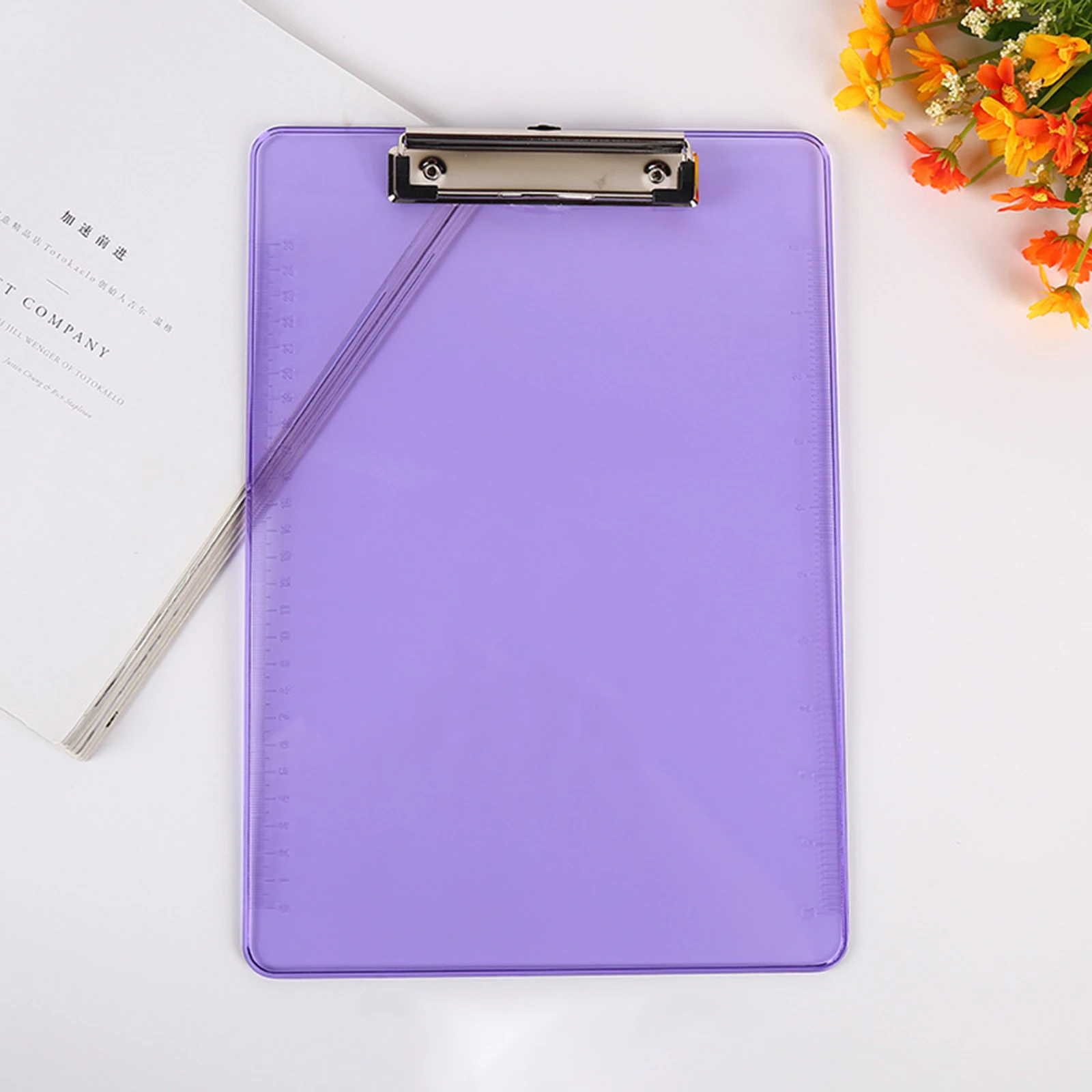 1pc A4 Color Plastic Plywood With Ruler Can Be Hung Transparent Flat Clip Office Supplies Folder Student Exam Writing Pad
