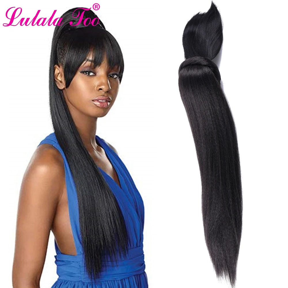 Long Kinky Straight Hair Ponytail Wig With Bangs Fake Hair Bun And Bang Set Synthetic Pony Tail For Women Clip in Hair Extension