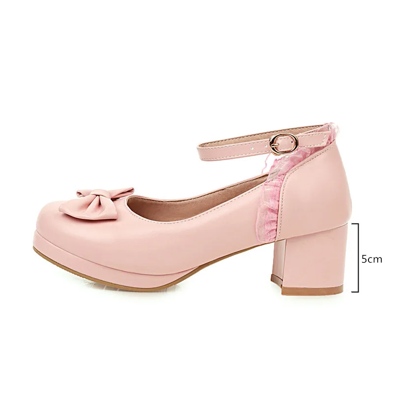 YQBTDL White Wedding Heels Pink Block Chunky High Heel Lolita Shoes Female Princess Bow Knot Ankle Buckle Summer Women Pumps 43