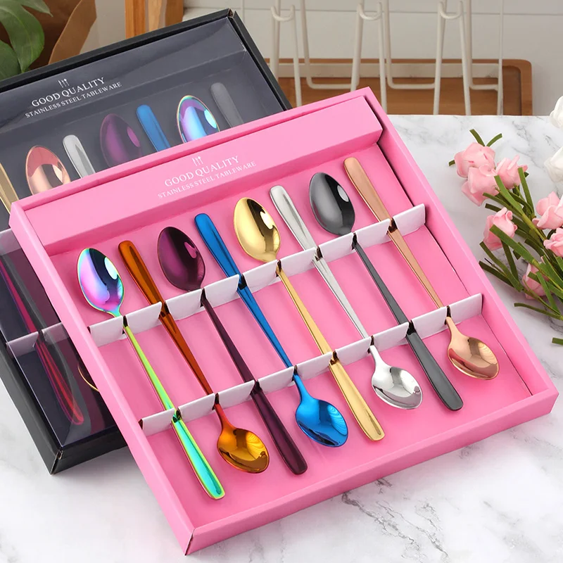 

Various Color Ice Spoon Set 18/10 Stainless Steel Stirring Drink Coffee Tea Spoon With Long Handle Set Ice Cream Desser Spoon