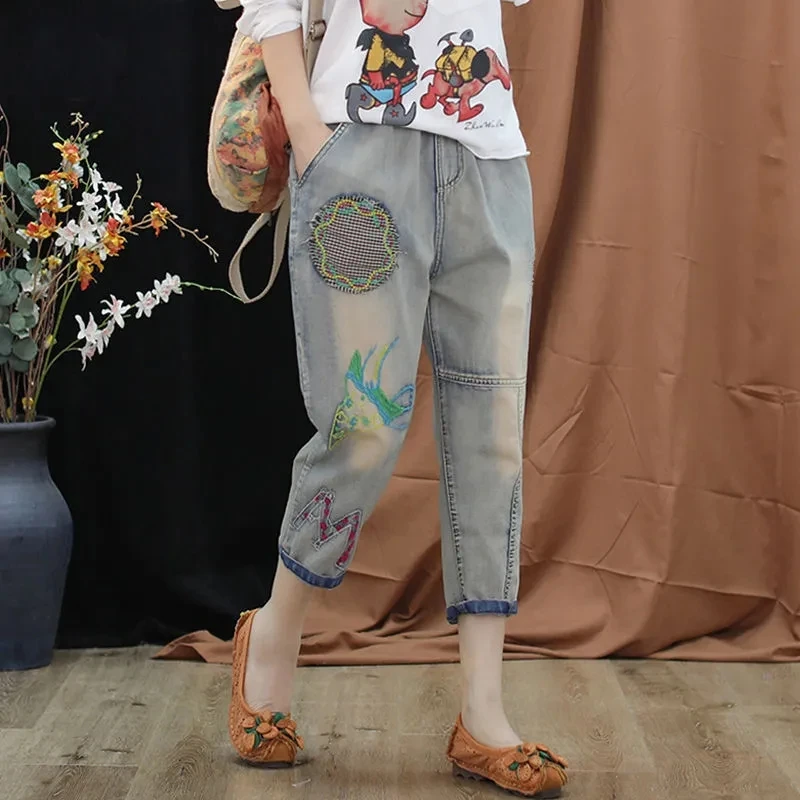 Women Jeans 2023 Summer High Waist Patch Denim Cropped Pants Female New Elastic Waist Embroidered Color Matching Harem Pants A67