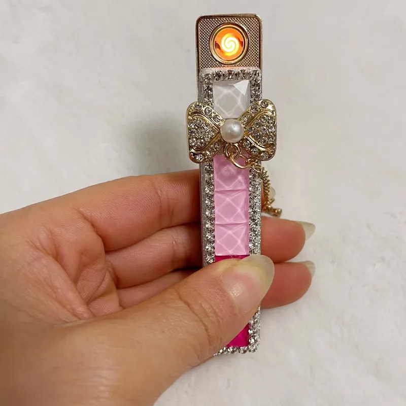 Lady Lighter Cute Cartoon Diamond Handmade Diamond Rechargeable USB Lighter Gorgeous Female Cigarette Tool