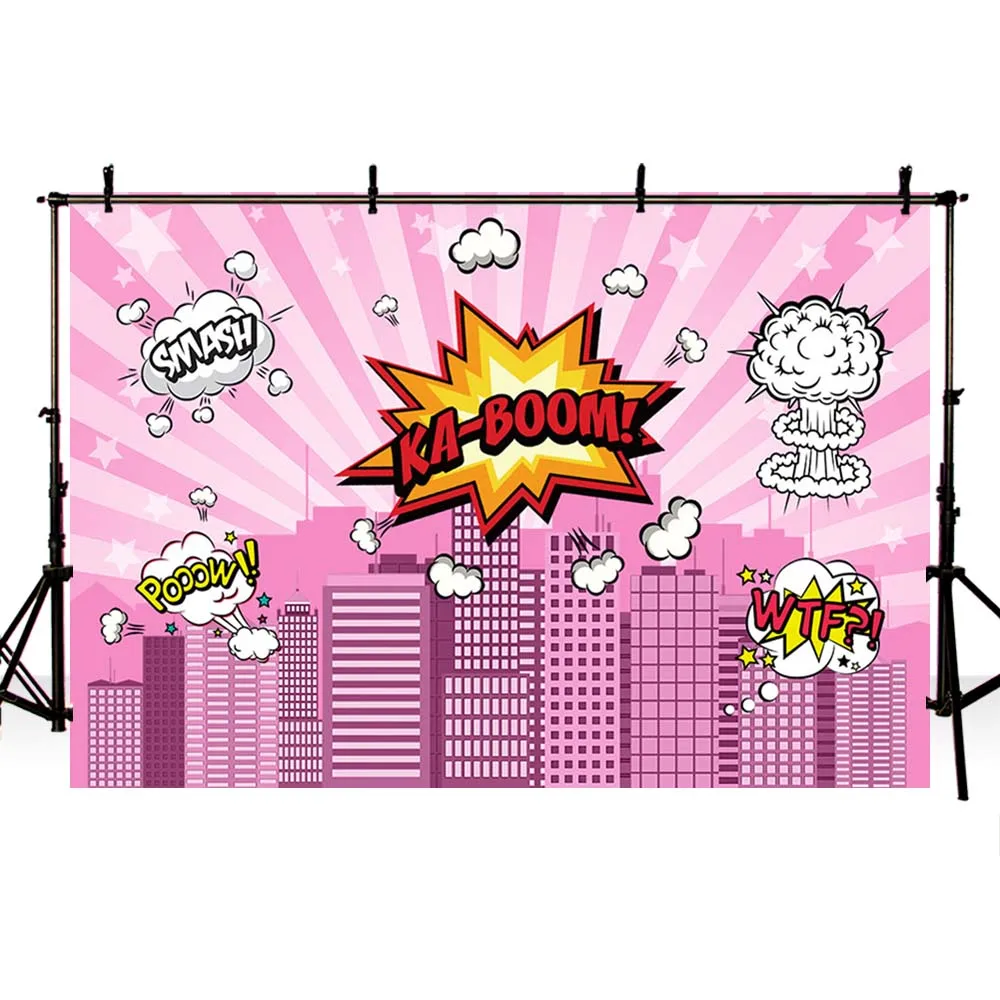 Mehofond Siêu Anh Hùng Sinh Nhật Chụp Ảnh Phông Nền Màu Hồng Trên Bầu Trời Thành Phố Xây Dựng Đập Tan Cô Gái Chân Dung Ảnh Nền Photocall