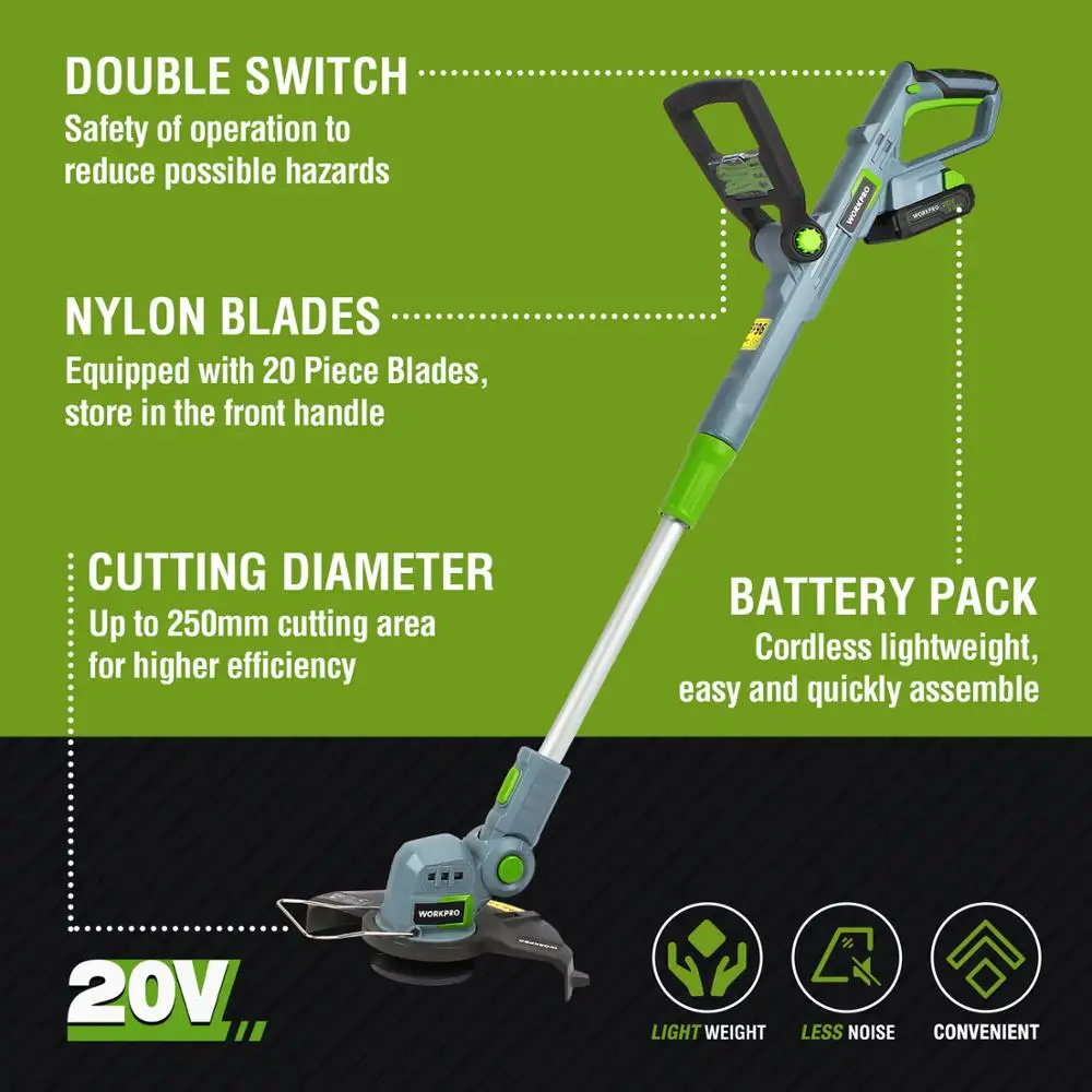 WORKPRO 20V 전기 잔디 깎는 기계 2000mAh 리튬 이온 무선 잔디 트리머 커터 가지 치기 잡초 덤불 정원 도구 20PC 블레이드