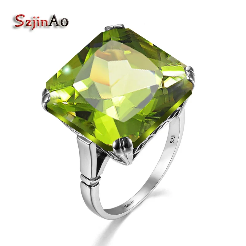 Szjinao Real 925 Sterling Silver 17*17mm Square Peridot Ring Women's Vintage Large Antiqued Filigree Victorian Retro Jewelry New