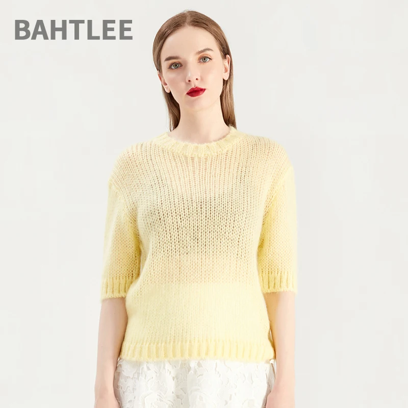 BAHTLEE-Women\'s Half Sleeves Mohair Knitted Pullover, O-Neck Sweater, Soft Loose Style, Wool Jumper, Spring, Summer